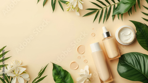 Bio natural products top view, cosmetics background, free space