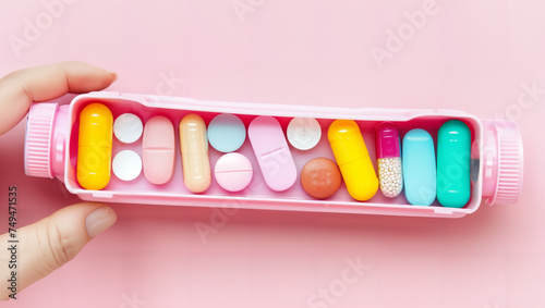 A pink pill organizer held between two fingers containing various pills, highlighting the increasing issue of medication misuse photo
