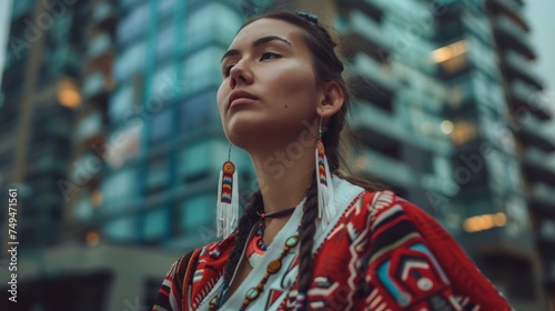 A woman in traditional native clothing standing confidently in front of a towering modern building, showcasing the beautiful fusion of tradition and modernity. photo