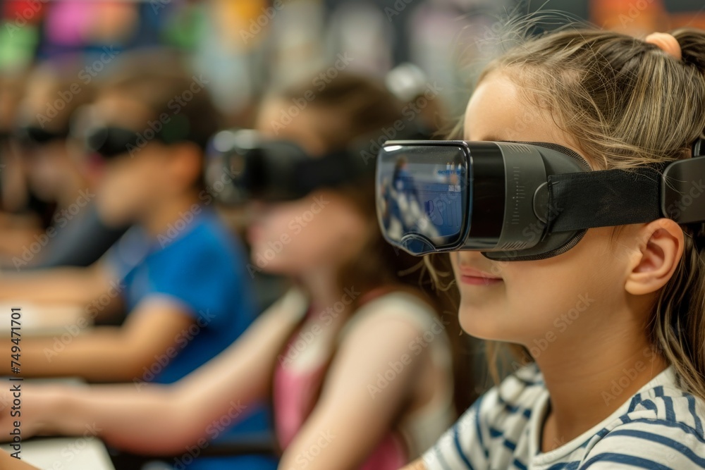A young girl engrossed in a virtual reality experience through a pair of glasses, exploring a whole new world. A young girl engrossed in a virtual reality experience through a pair of glasses, exploring a whole new world.