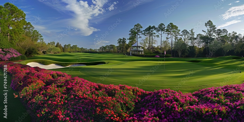 Well-kept golf course with the fairway and green - Masters of golf (often professional golfers associated with various sponsors) play for domination on the course - obrazy, fototapety, plakaty 