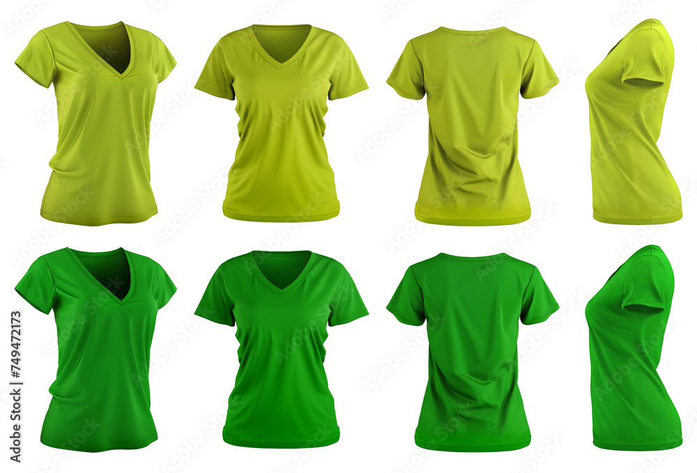 2 Set of woman dark light green lime tee t shirt v-neck slim cut, front back and side view on transparent background cutout, PNG file. Mockup template for artwork graphic design. - obrazy, fototapety, plakaty 