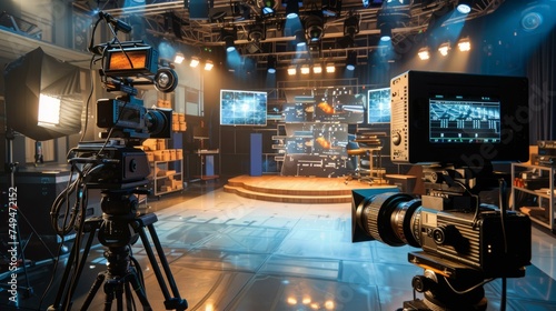 Studio setup - professional television studio, including cameras, lighting equipment, microphones, and video production consoles prepared for production and shooting TV show