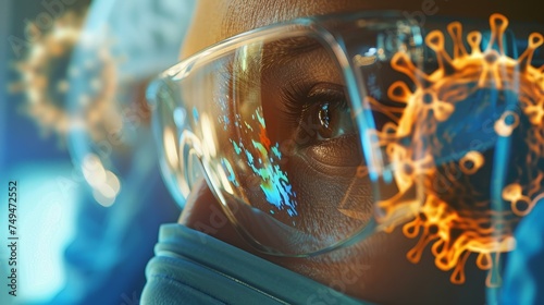 Virus research in the lab, head of scientist with reflection of virus in the glasses