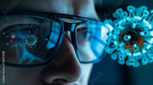 Virus research in the lab, head of scientist with reflection of virus in the glasses