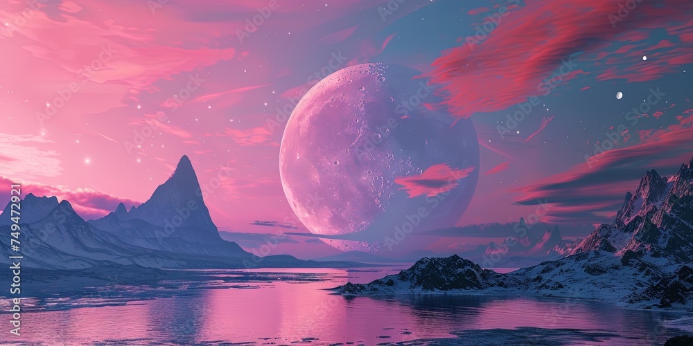 Pink moon - conceptual design of a pink moon in the sky of a natural landscape outdoors - obrazy, fototapety, plakaty 