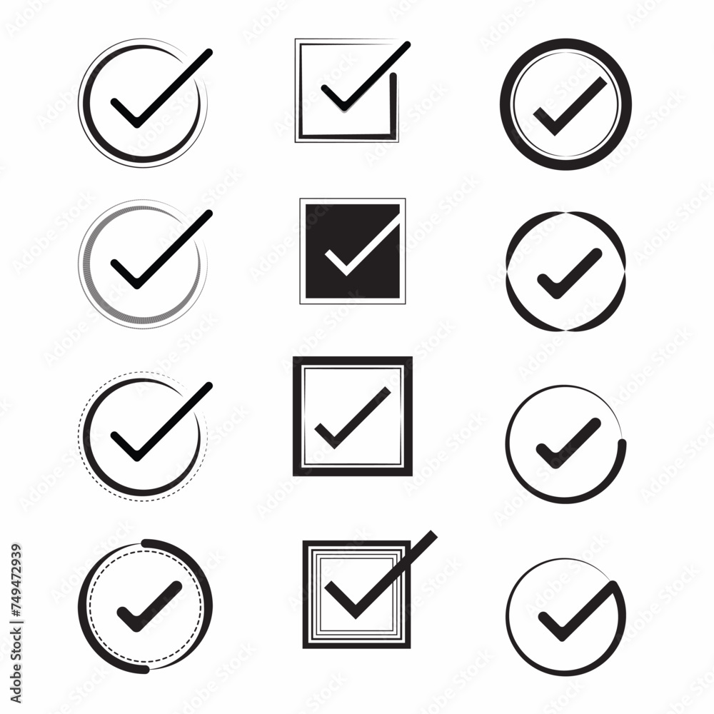 Set of check marks icons. Profile verification icon. Checkmark Facebook, Instagram, Tiktok and Twitter. Vector with white background. Set of check marks icons. Profile verification icon. Checkmark Facebook, Instagram, Tiktok and Twitter. Vector with white background.