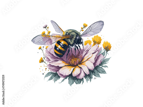 Watercolor Floral Honey Moon With Flying Bee And Sunflower, Png clipartIllustration photo