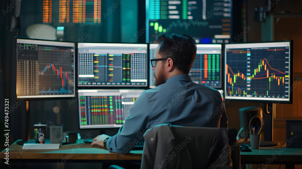 Trader Analyzing Stock Market Data on Multiple Computer Screens Trader Analyzing Stock Market Data on Multiple Computer Screens