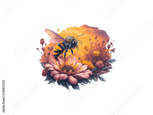 Watercolor Floral Honey Moon With Flying Bee And Sunflower, Png clipartIllustration