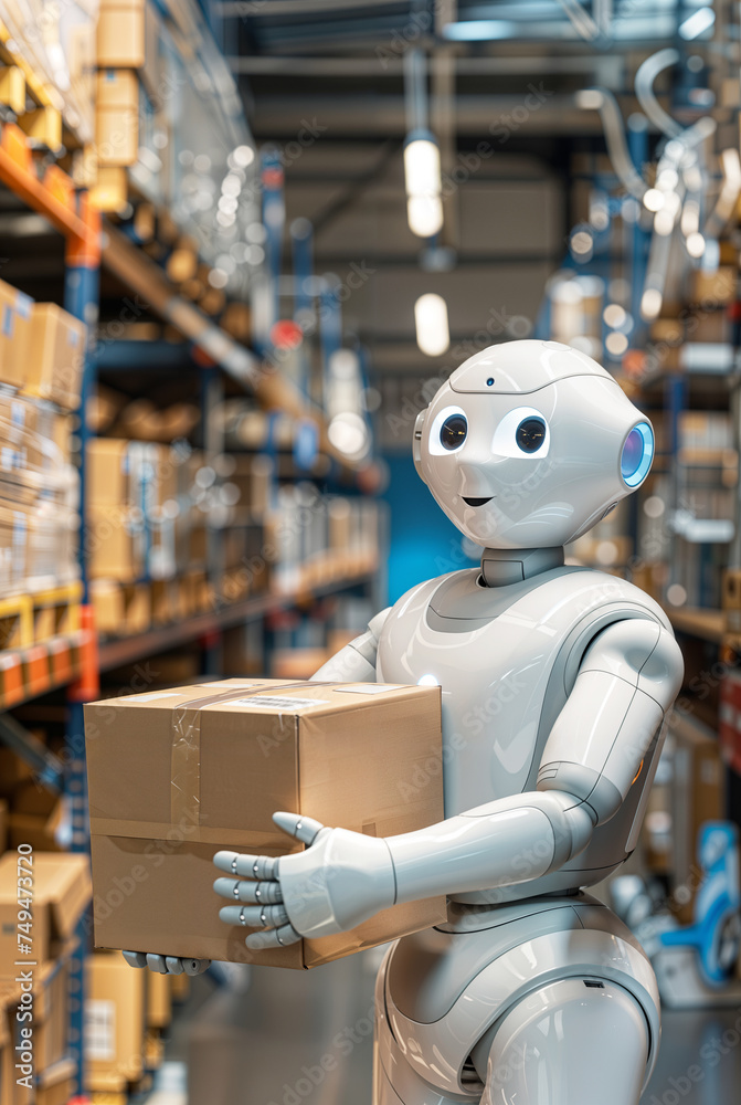 Fototapeta premium Futuristic robot working in a warehouse, modern anthropomorphic automated ai robot machine helping with logistics and packaging, shipping stock store