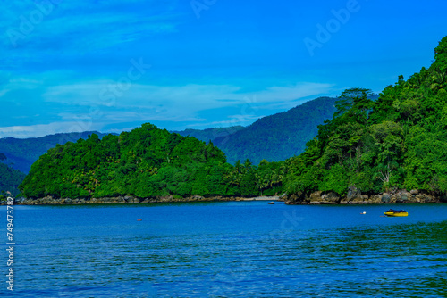 Tranquility of beach with lush green trees over a sandy beach. In the background, there is a blue sky with white clouds.