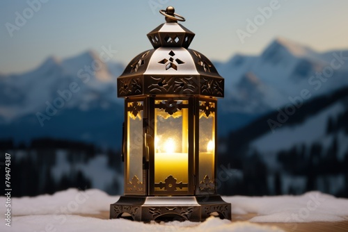 Glowing metal lanterns on white snow mountain background