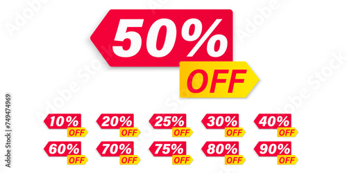 Different discount price 10, 20, 25, 30, 40, 50, 60, 70, 80, 90 percent. Promotion badge set for shopping marketing and advertisement clearance sale, special offer, Save money. Vector illustration.
