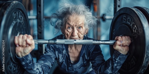 Older woman lifting barbells - grandma action sports. Retired senior citizen checking items off  her bucket list photo
