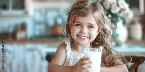 A smiling charming blue-eyed girl in a white sundress holds a glass of milk. A child drinks healthy milk in a bright modern kitchen. Products with calcium for children's health