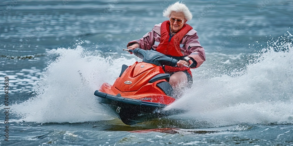 Older woman riding a jet ski - grandma action sports on the lake. Retired senior citizen checking items off  her bucket list