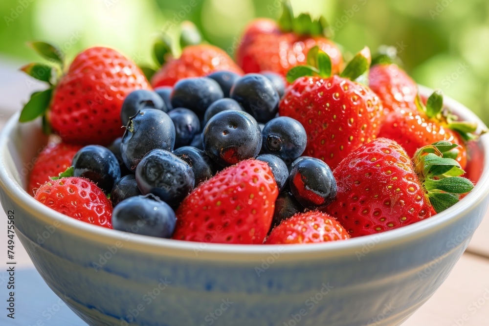 Bowl of summer berries, focus on ripe strawberries and blueberries, soft morning light . Bowl of summer berries, focus on ripe strawberries and blueberries, soft morning light .