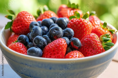 Bowl of summer berries  focus on ripe strawberries and blueberries  soft morning light .