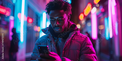 Close-up of a black man in a jacket using a smartphone against the backdrop of an evening city and neon lights. Communication on social networks, SMS messages to friends, searching for information on 