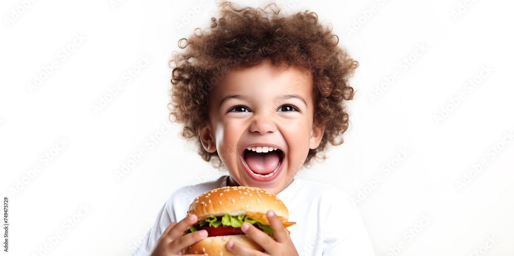Adorable child with curly hair smiles and takes a bite of a burger on a white background. A little boy is holding a delicious burger in his hands. Banner with copy space. Healthy eating concept Adorable child with curly hair smiles and takes a bite of a burger on a white background. A little boy is holding a delicious burger in his hands. Banner with copy space. Healthy eating concept