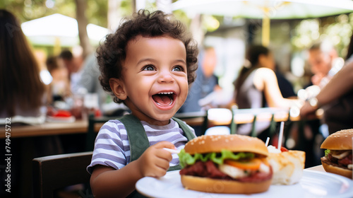 Happy black child sitting at a table in a restaurant and eating a hamburger. A cheerful little boy in a striped T-shirt is having lunch in a cafe. Healthy eating concept © Irina