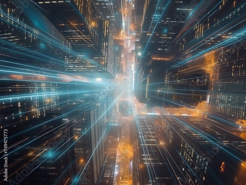 A dynamic and futuristic visualization of a city at night, portrayed with streaks of light symbolizing fast data transfer © cherezoff