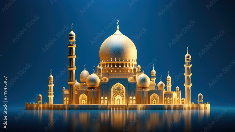 Illustration image of a 3D rendering of a mosque as a background for greeting Ramadan and Eid al-Fitr themes