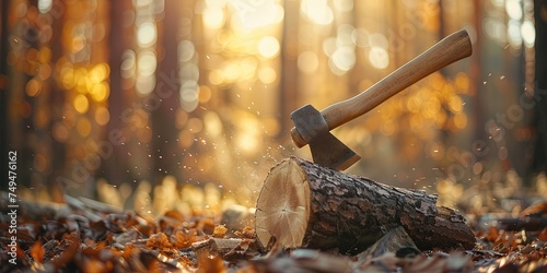 Axe to grind - an ax wedged in a wooden tree stump photo
