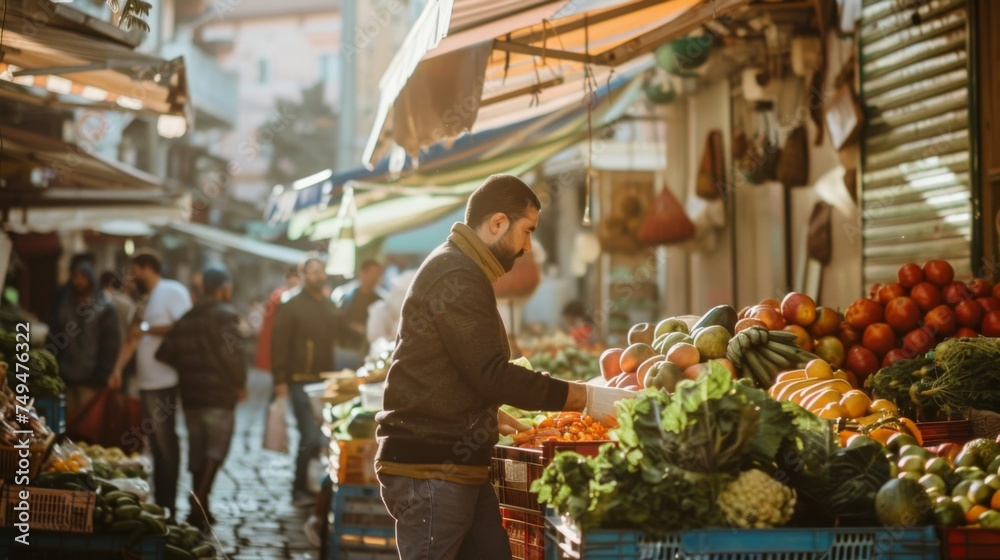 A man carefully selects fresh vegetables at a bustling local market with an array of colorful produce on display.