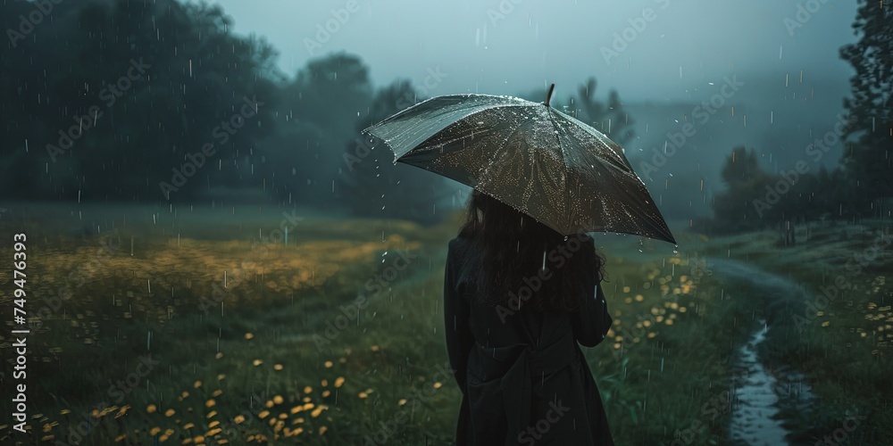 Rainy day concept - Showers raining in the spring April weather - woman with an umbrella  - obrazy, fototapety, plakaty 