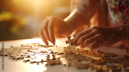 An inspiring scene capturing a businesswoman's hand connecting jigsaw puzzle pieces, bathed in sunlight, representing strategy and success in business
