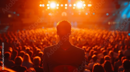 A lone man stands amidst a sea of people at a lively concert, backlit by warm stage lights.