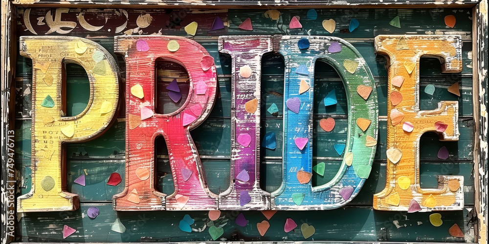 Rustic PRIDE Sign with Colourful Background
A rustic sign spelling 'PRIDE' against a colourful textured background.