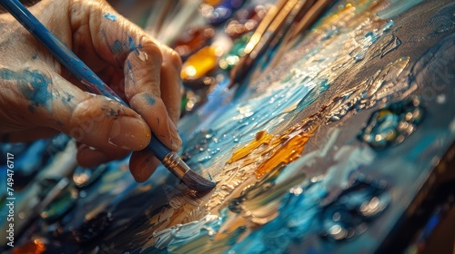 Close-up of an artist's hand applying vibrant oil paint to a canvas, capturing the creative process.