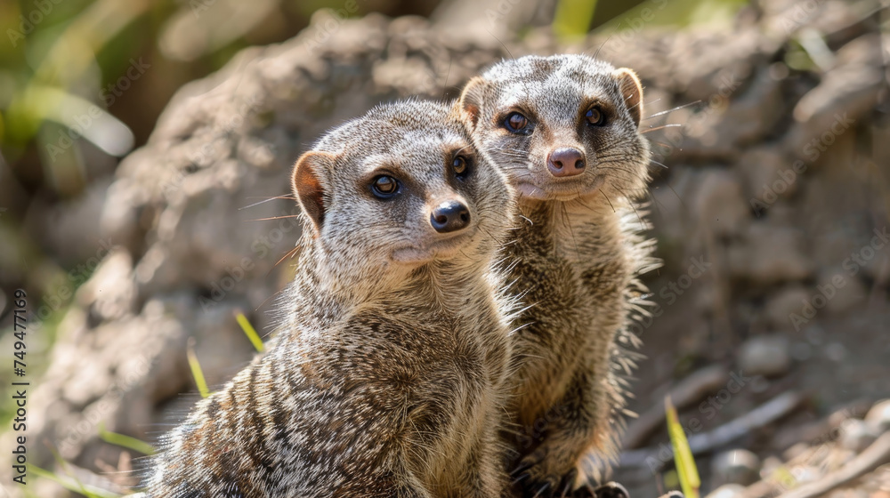 Fototapeta premium Two mongoose close together, looking out with curiosity and alertness.