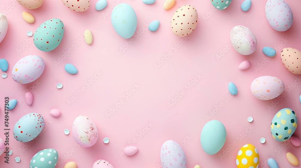Easter eggs on a pink background, flat lay, top view