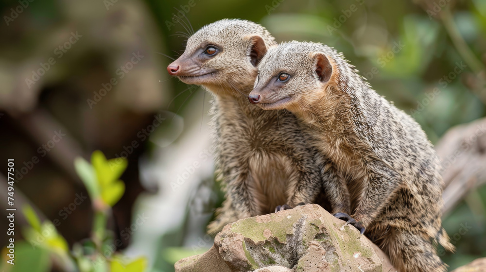 Obraz premium Two mongoose close together, looking out with curiosity and alertness.
