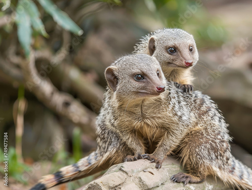 Mother mongoose taking care of its child, alert and watchful, against a natural backdrop