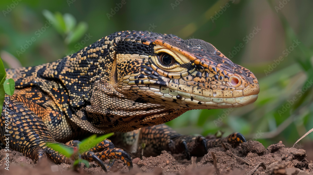Obraz premium Close-up of a monitor lizard on the ground, showcasing its detailed scales and alert eyes.