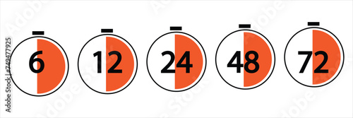 6, 12, 24, 48 and 72 hours clock arrow. symbol work time, delivery and service time, isolated, vector icon Illustration with white artboard.