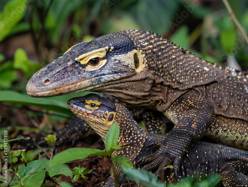A monitor lizard with its young, nestled on the forest floor, surrounded by nature's textures. © Jan
