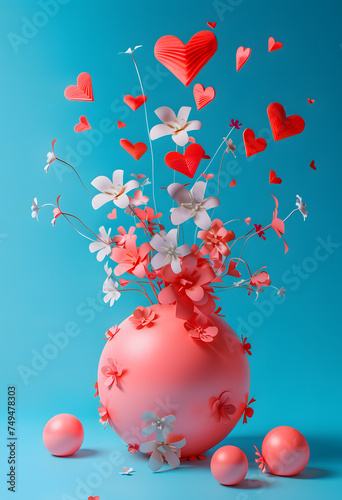 Pink ball vase with flowers and hearts flying out of it on an azure background. 
