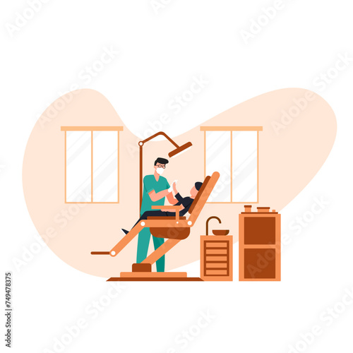 Dental clinic for kids. Dentist appointment, oral care procedures. Patient dental examination. Doctor in uniform treating human teeth using medical equipment. vector flat illustration.