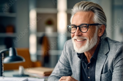 Ambitious mature businessman seated at desk in a modern office while looking away