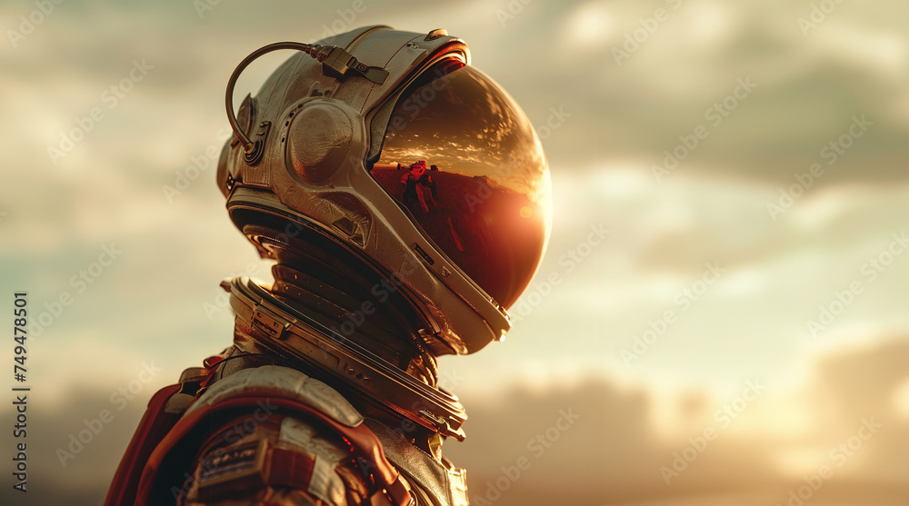 Sunset Reflection on Astronaut's Visor, Vintage Space Suit created with Generative AI technology - obrazy, fototapety, plakaty 