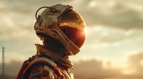 Sunset Reflection on Astronaut's Visor, Vintage Space Suit created with Generative AI technology photo