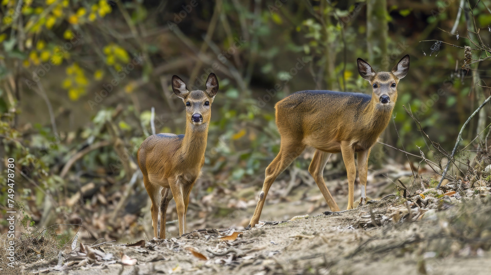 Muntjac doe and her fawn stand alert in a tranquil forest setting. Muntjac doe and her fawn stand alert in a tranquil forest setting.
