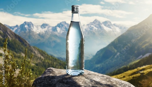 Refresh your spirit with this serene scene: a water bottle atop a stone, framed by majestic mountains, azure skies, and lush greenery. Perfect for banners promoting outdoor adventures.