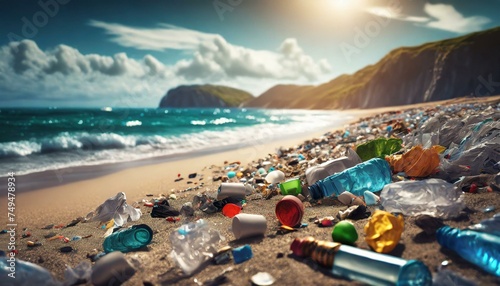 An unsettling yet poignant depiction of a beach strewn with litter, urging reflection on our impact on the environment. Perfect for eco-conscious campaigns, exhibits, or educational materials.